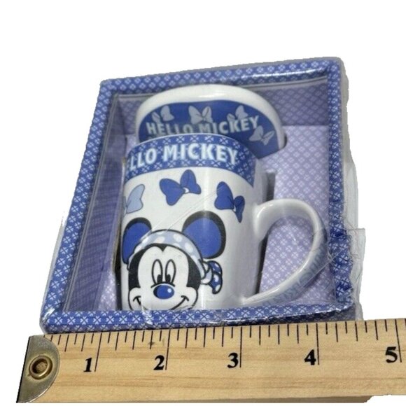 Hello Mickey Small Tea Cup With Lid Blue & White Mickey Mouse Coffee Cup/Mug New - Picture 6 of 8